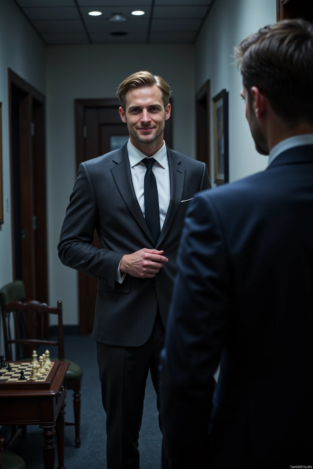 A man in a suit stands in a hallway, facing another person.