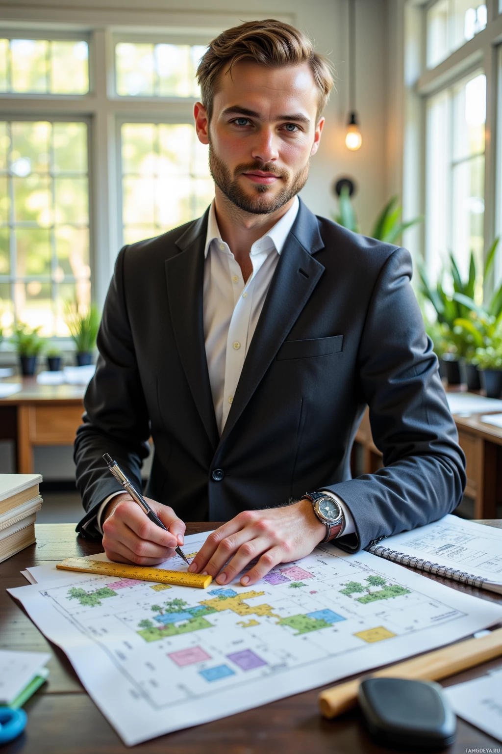 A man in a suit is working on a blueprint at a desk.