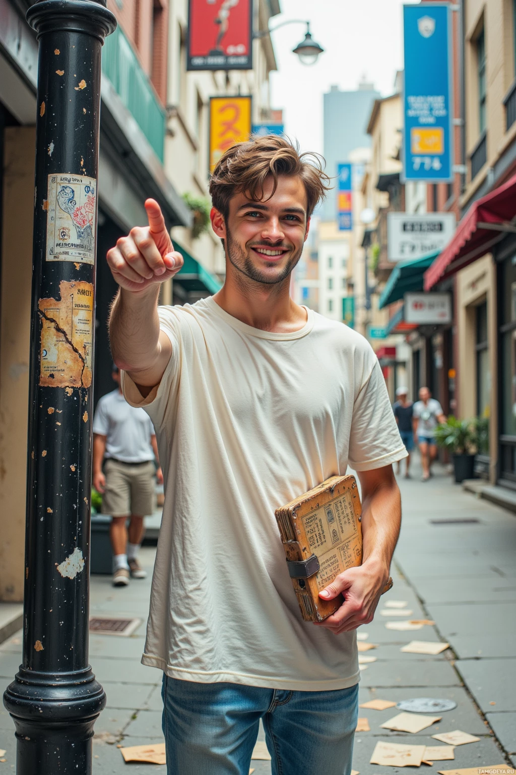 A man in a white t-shirt and jeans stands on a city street, pointing forward with a smile.