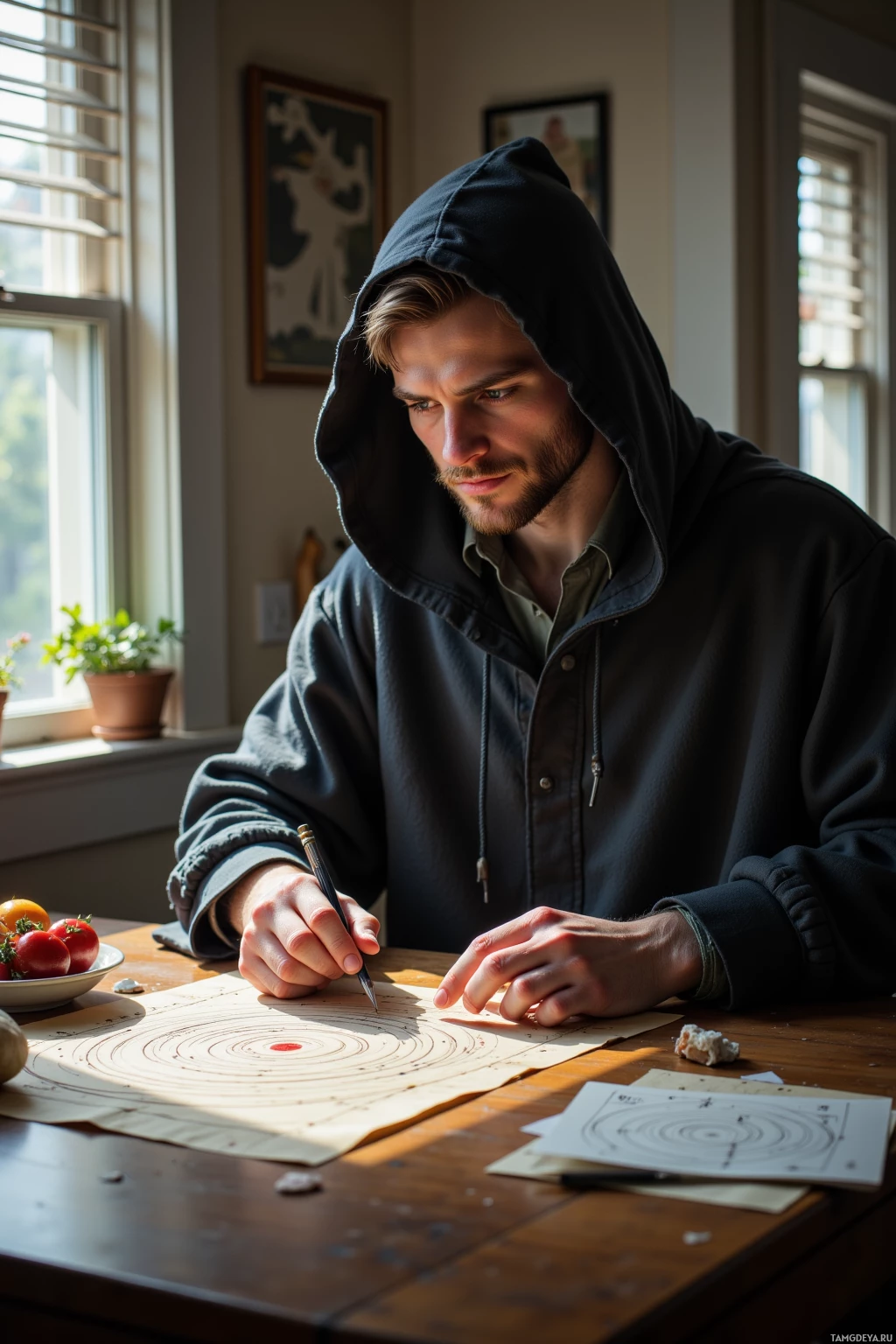 A person wearing a hoodie is drawing a circular diagram on paper at a table.