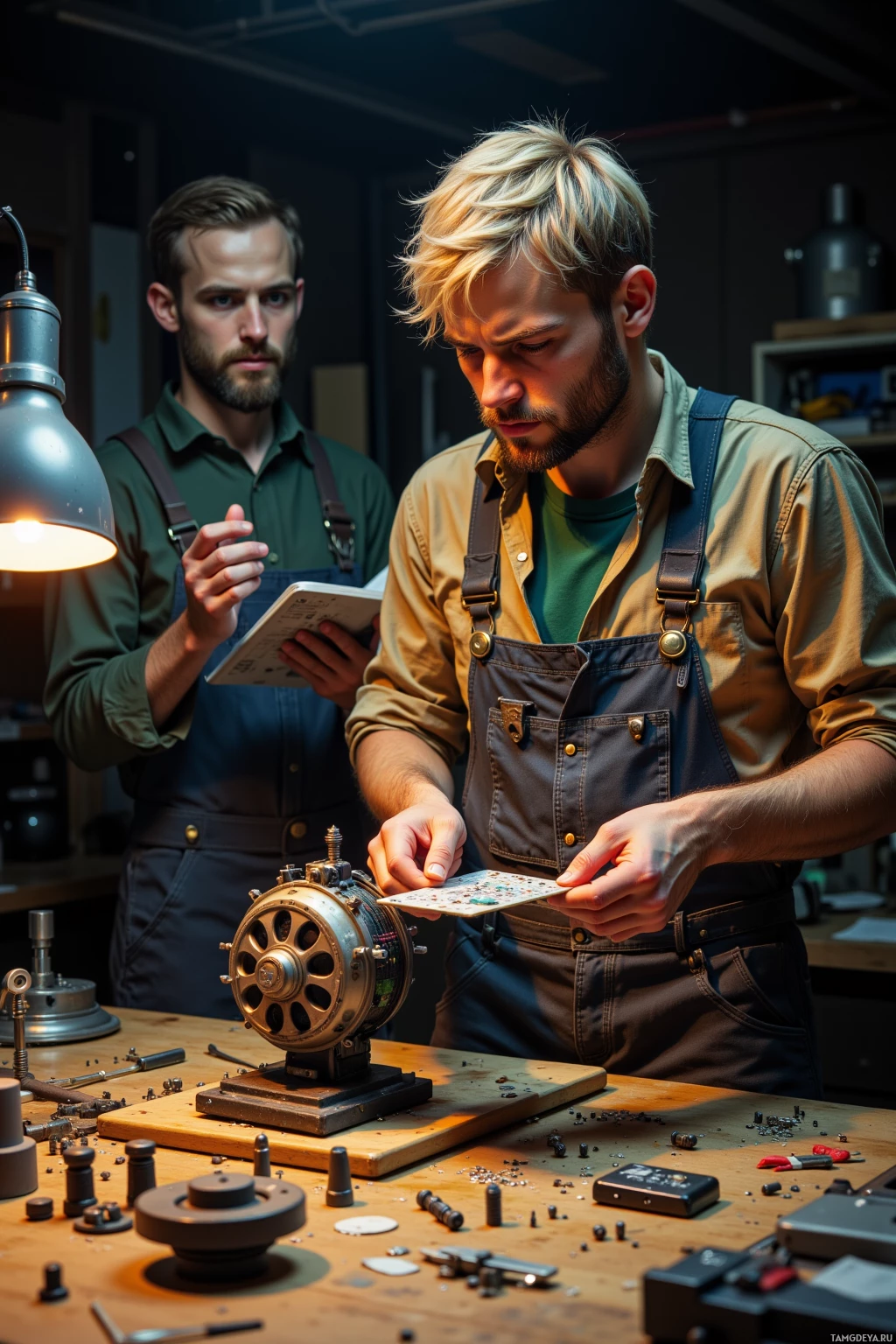 Two individuals in a workshop setting, one examining a small electronic component while the other observes.