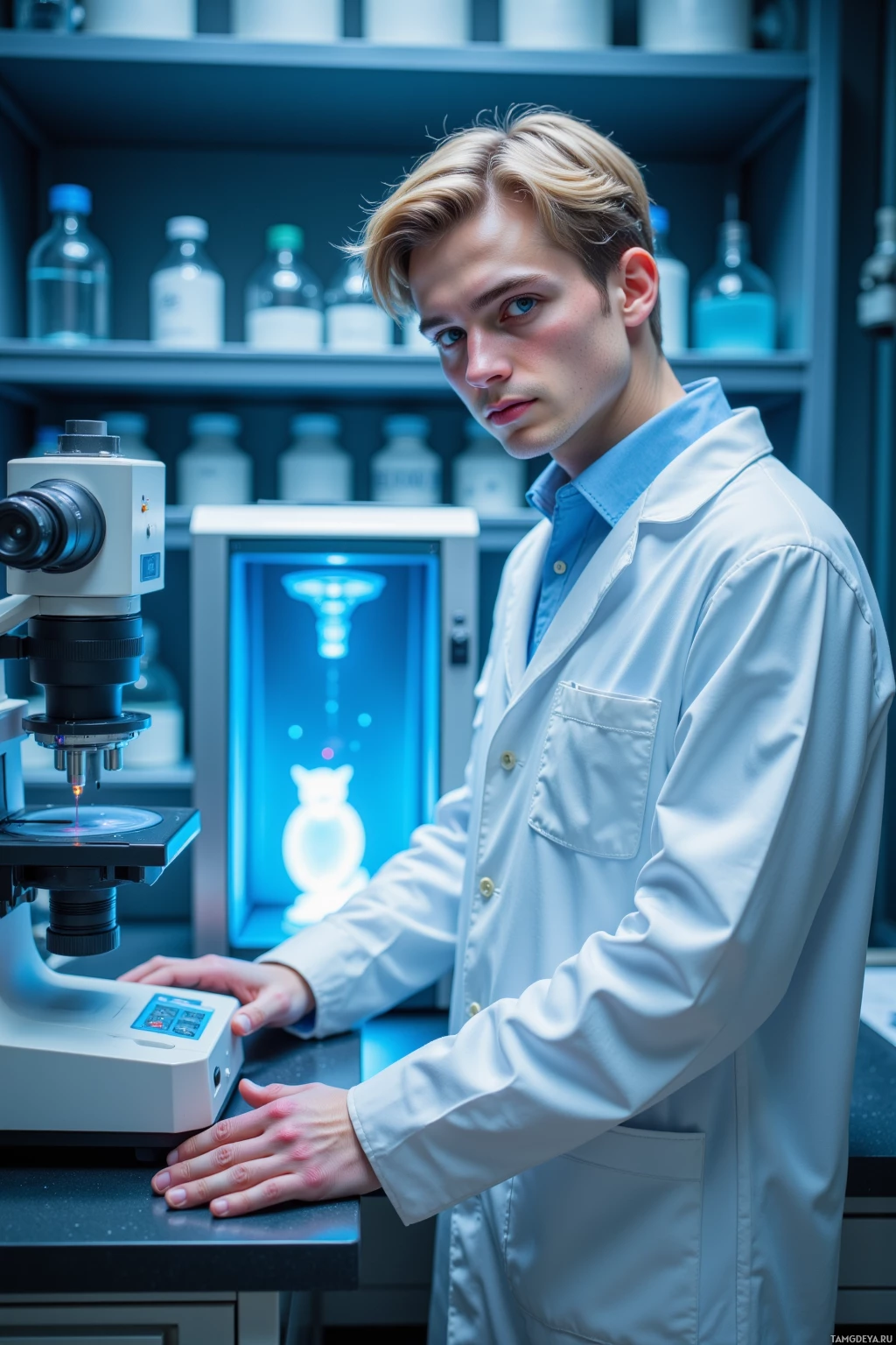 A person in a lab coat stands in a laboratory setting, interacting with a microscope.