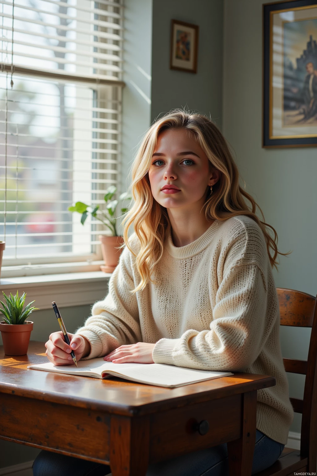 A person sits at a wooden desk by a window, writing in a notebook.