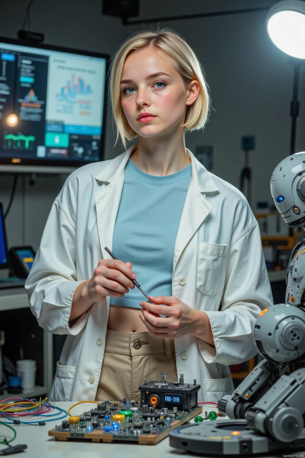 A person in a lab coat works on a robot in a laboratory setting.