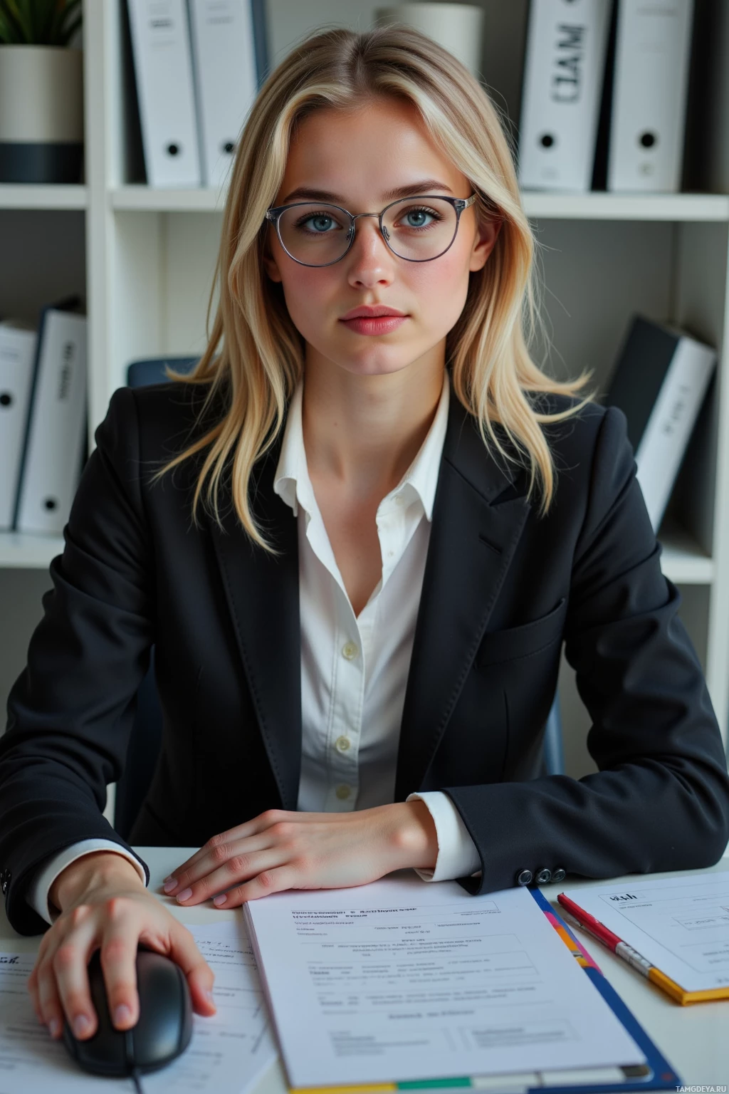 A woman in a professional setting, wearing a suit and glasses, is seated at a desk with documents and a computer mouse.