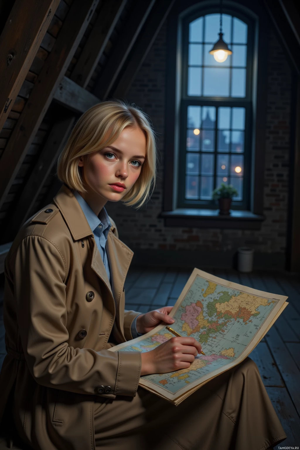 A person in a trench coat sits in a dimly lit room, examining a map with a pen.