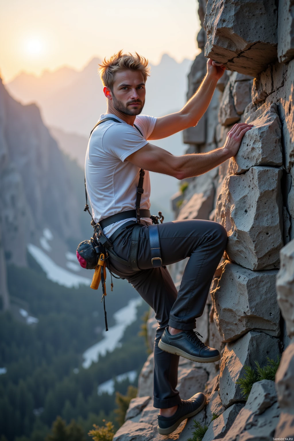 A climber in a harness scales a rocky cliff with a mountainous landscape in the background.