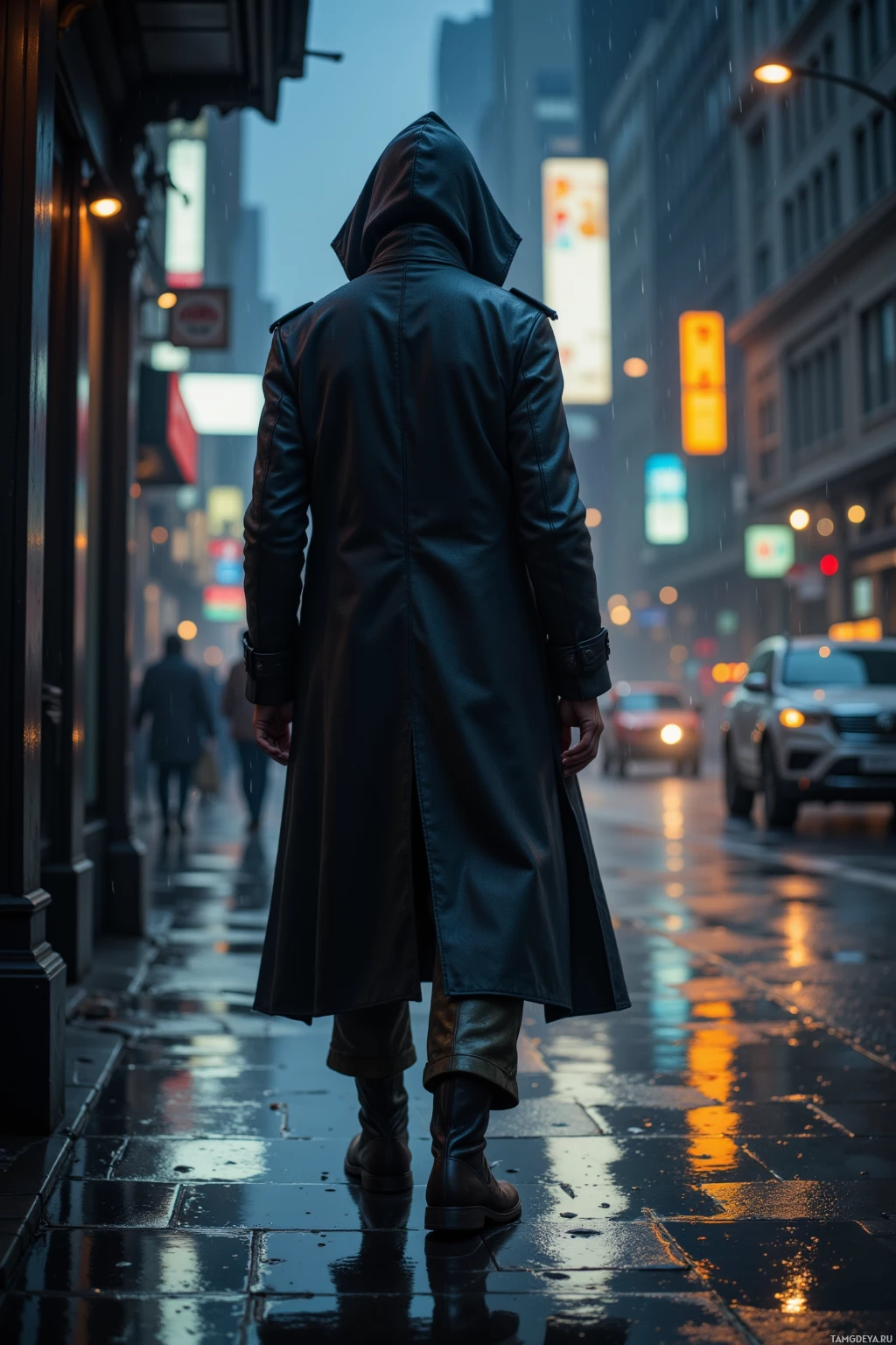 A hooded figure in a long coat stands on a wet city street at night.
