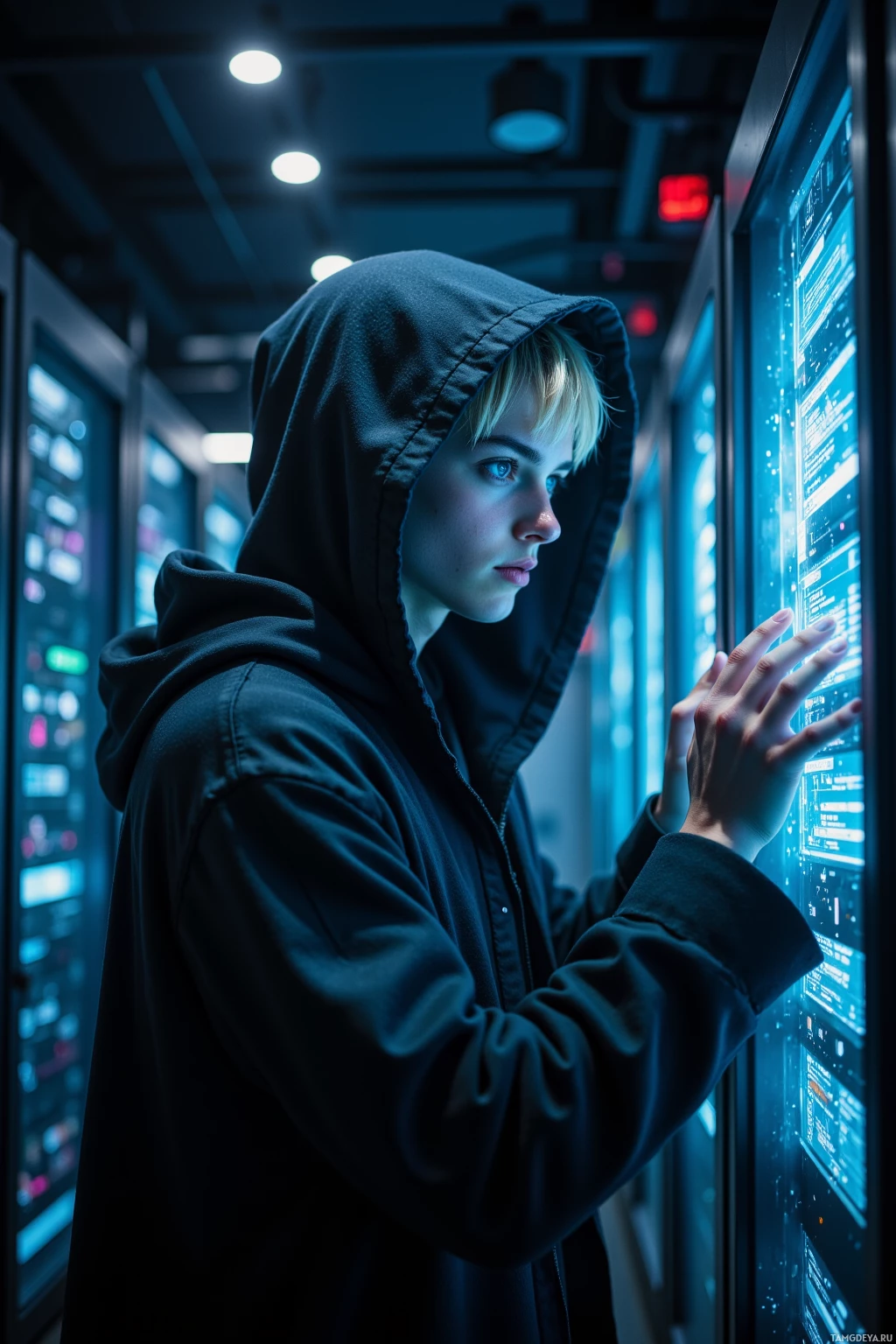 A person in a hoodie interacts with a futuristic digital interface in a dimly lit environment.