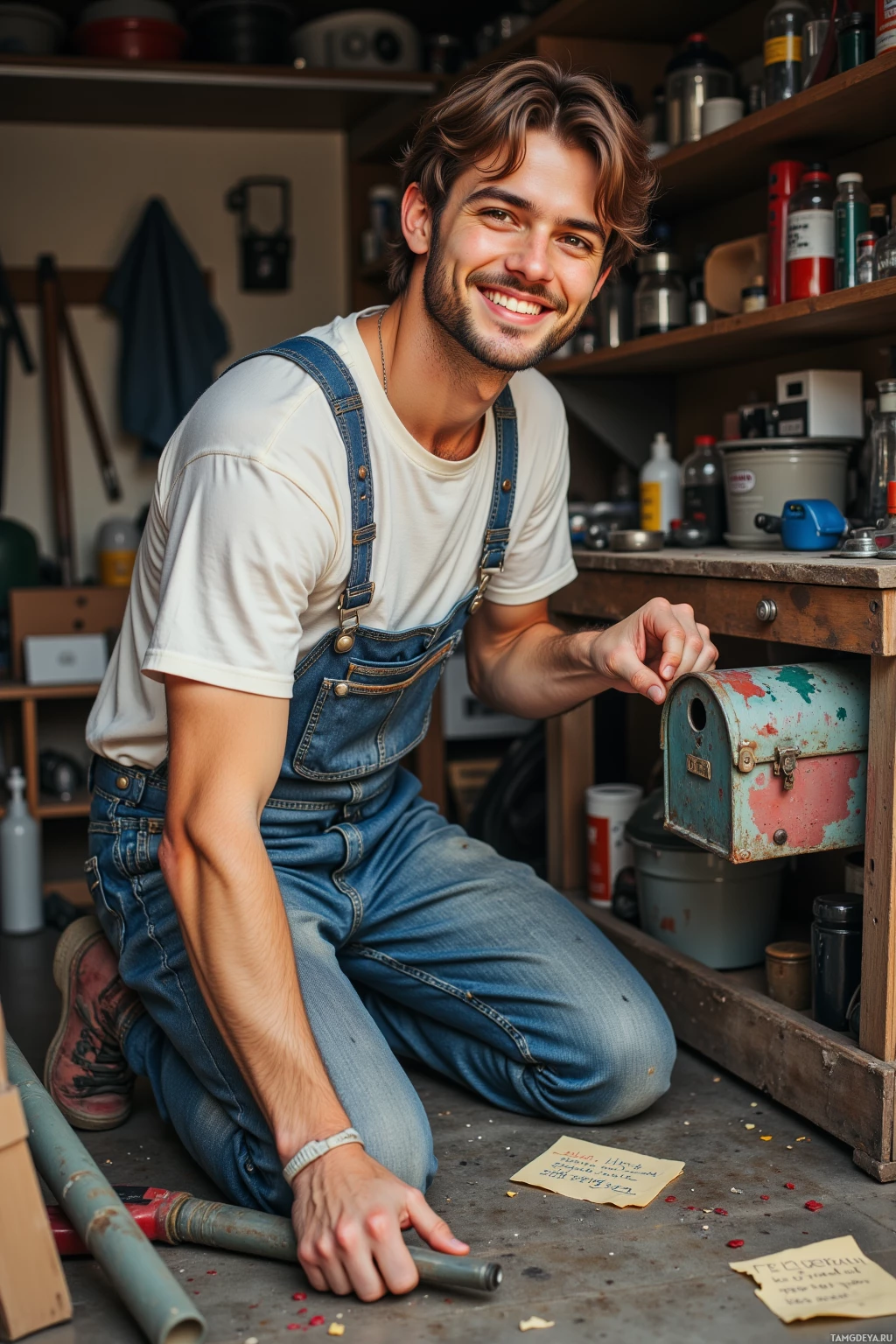 A man in overalls kneels in a workshop, smiling.