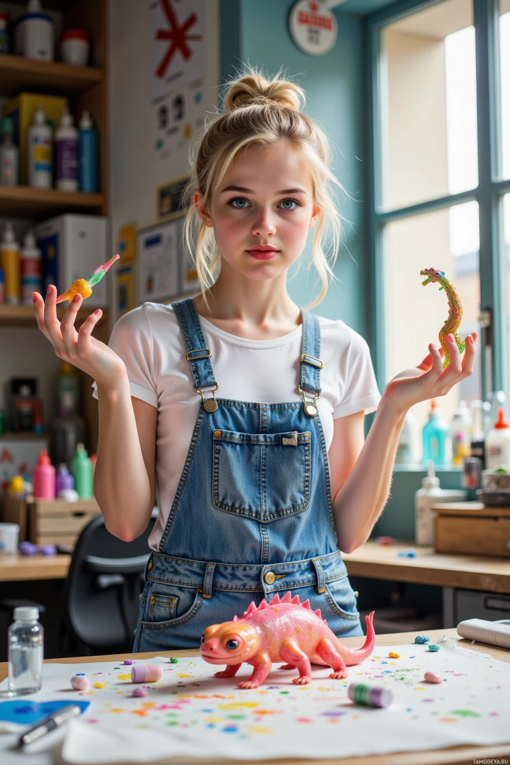 A person in a white shirt and denim overalls holds colorful objects in a room with art supplies.