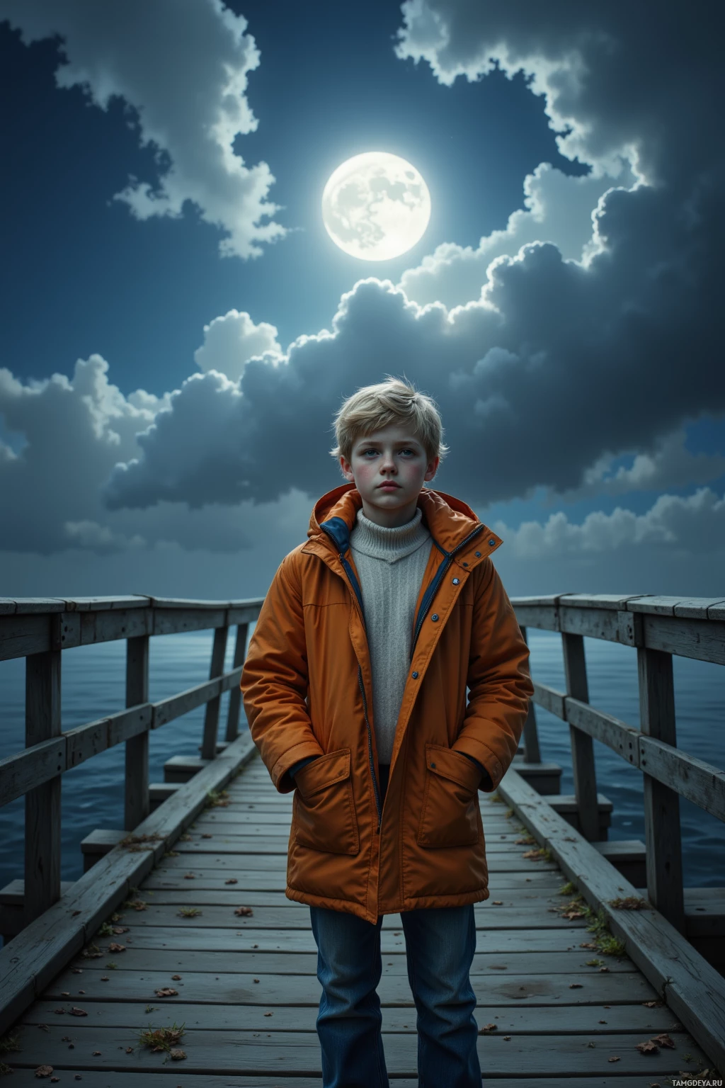 A young boy stands on a wooden pier under a bright moonlit sky.