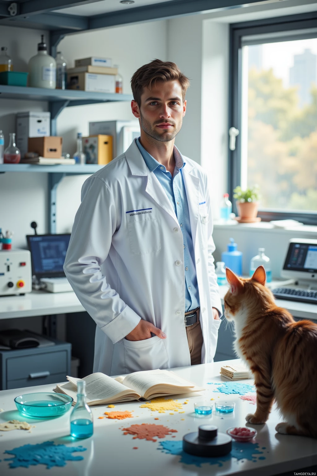 A man in a lab coat stands in a laboratory with a cat on the counter.