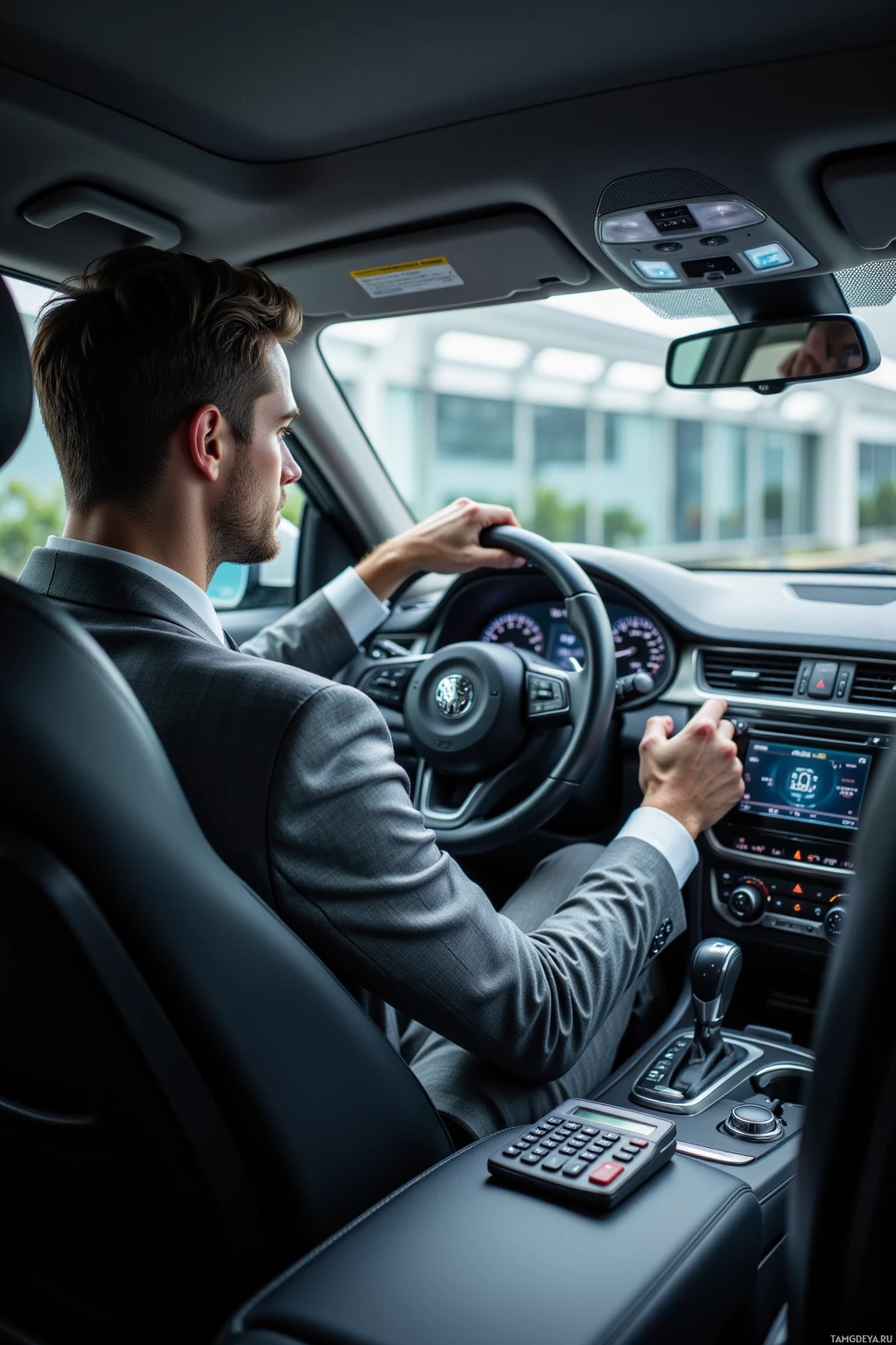 A man in a suit drives a car with a modern dashboard and a calculator on the center console.