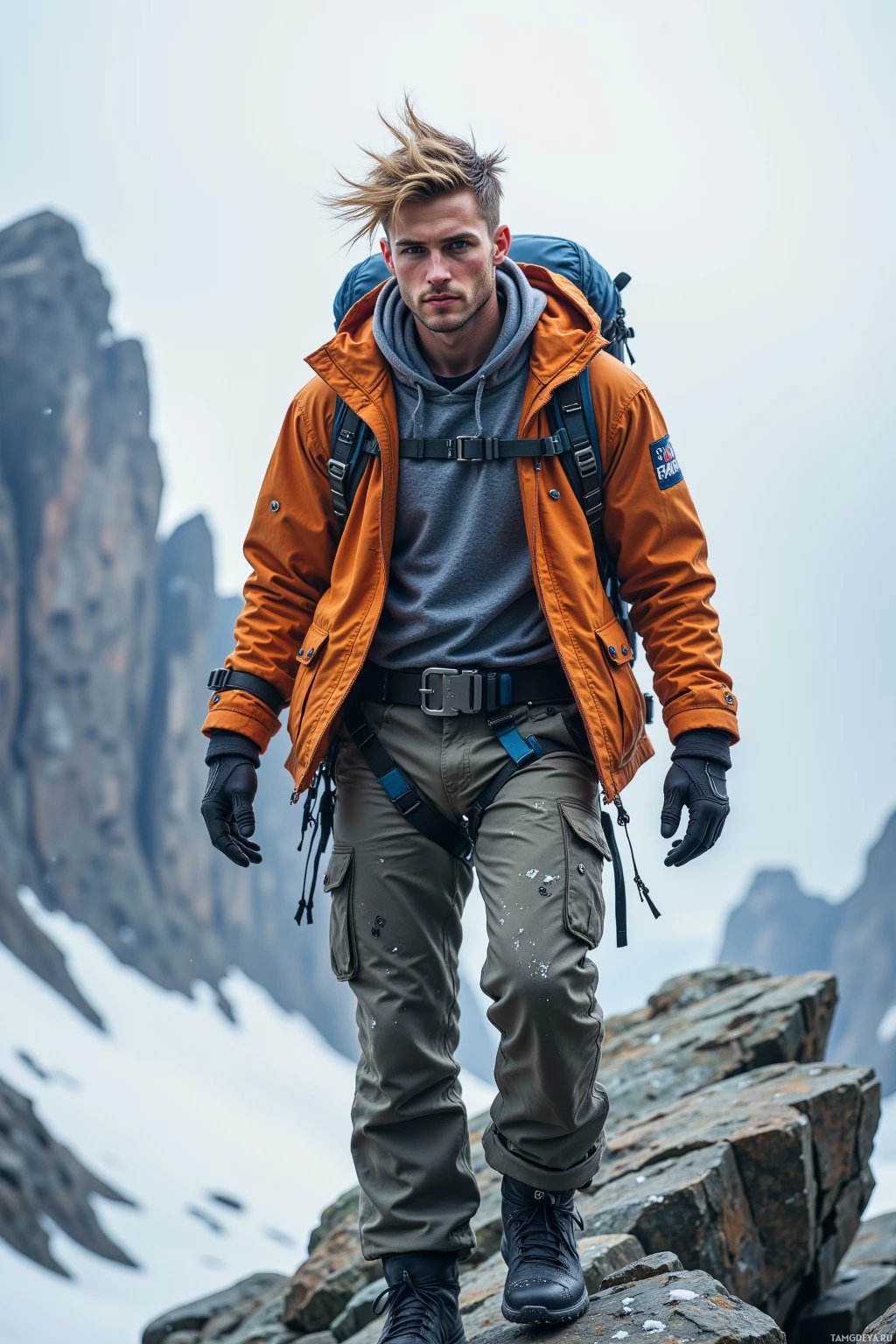 A person in outdoor gear stands on a rocky outcrop with a mountainous backdrop.