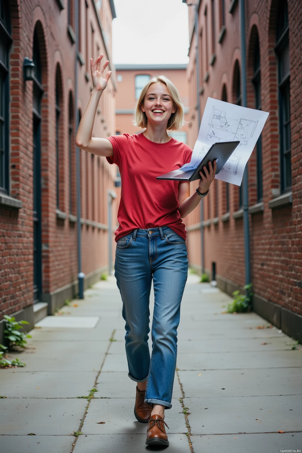A woman in a red shirt and jeans walks down a brick-lined street, holding a laptop and a blueprint.