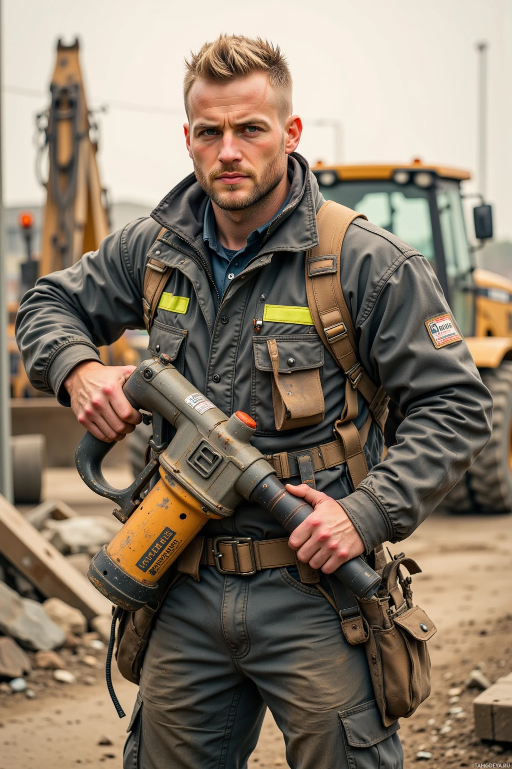 A man in work attire holds a tool, standing outdoors near construction equipment.