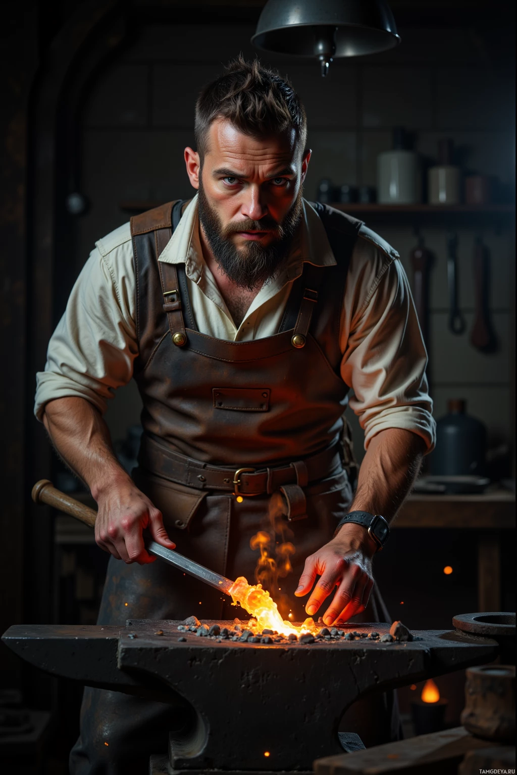 A man in a workshop wearing an apron, holding a hammer, and working on a glowing piece of metal on an anvil.