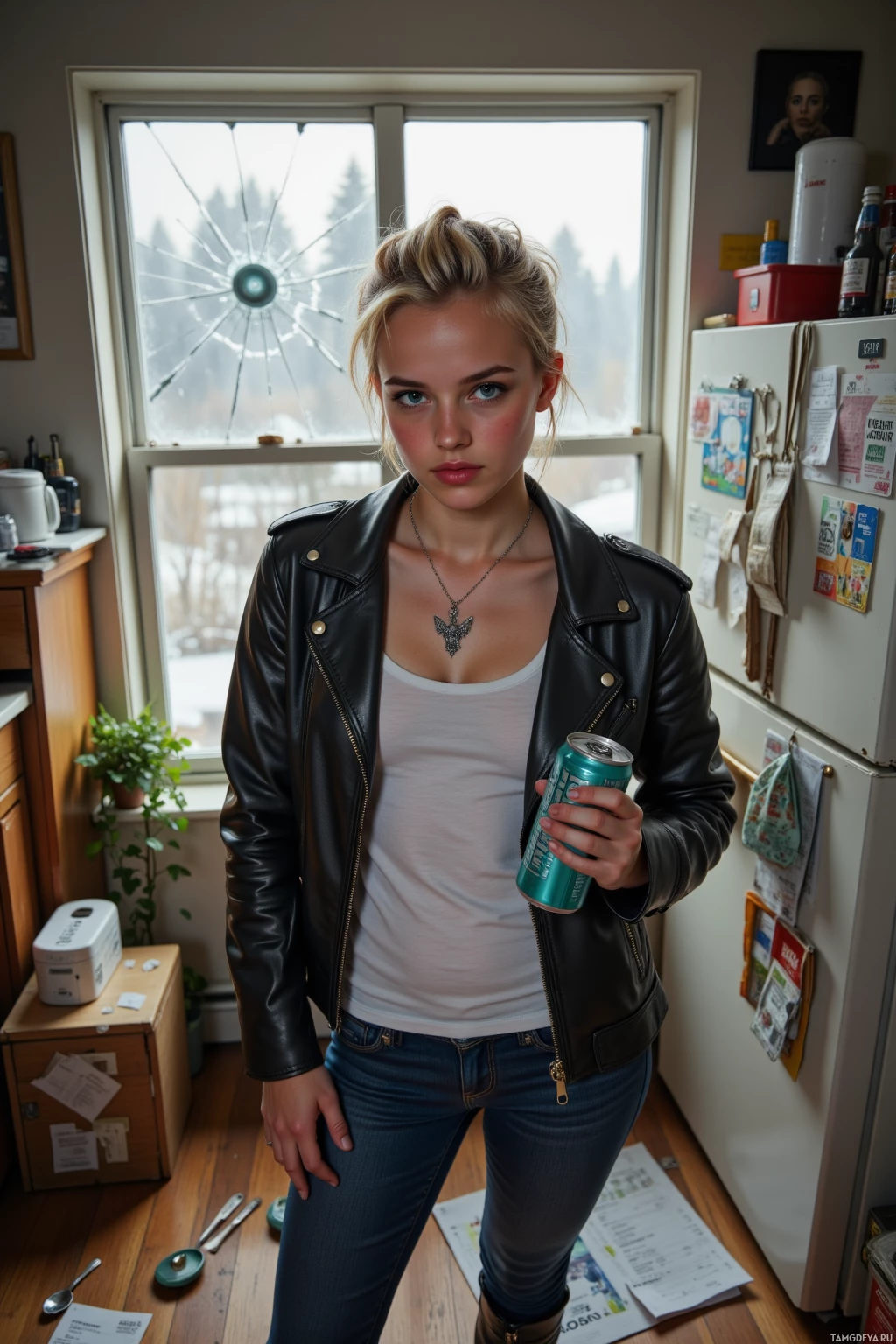 A person stands indoors, wearing a leather jacket and holding a can, with a window and kitchen items in the background.