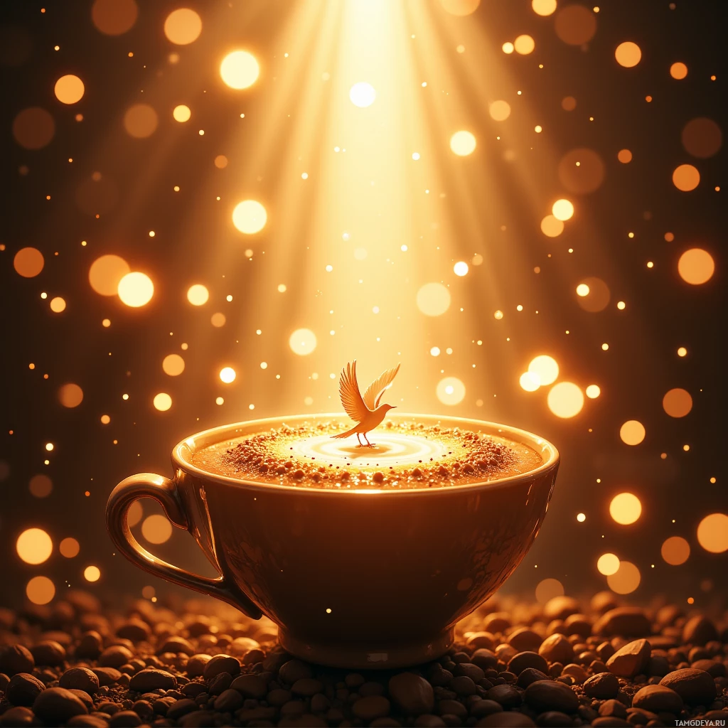 A golden cup of coffee with a bird perched on the foam, surrounded by glowing bokeh lights.