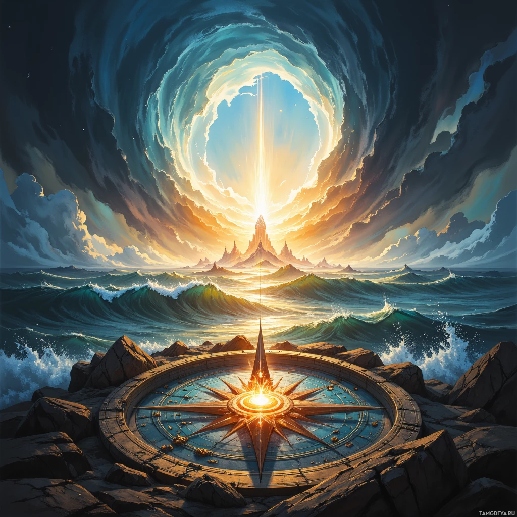 A fantastical scene featuring a glowing compass on rocky terrain, with a dramatic sky and distant castle-like structures.