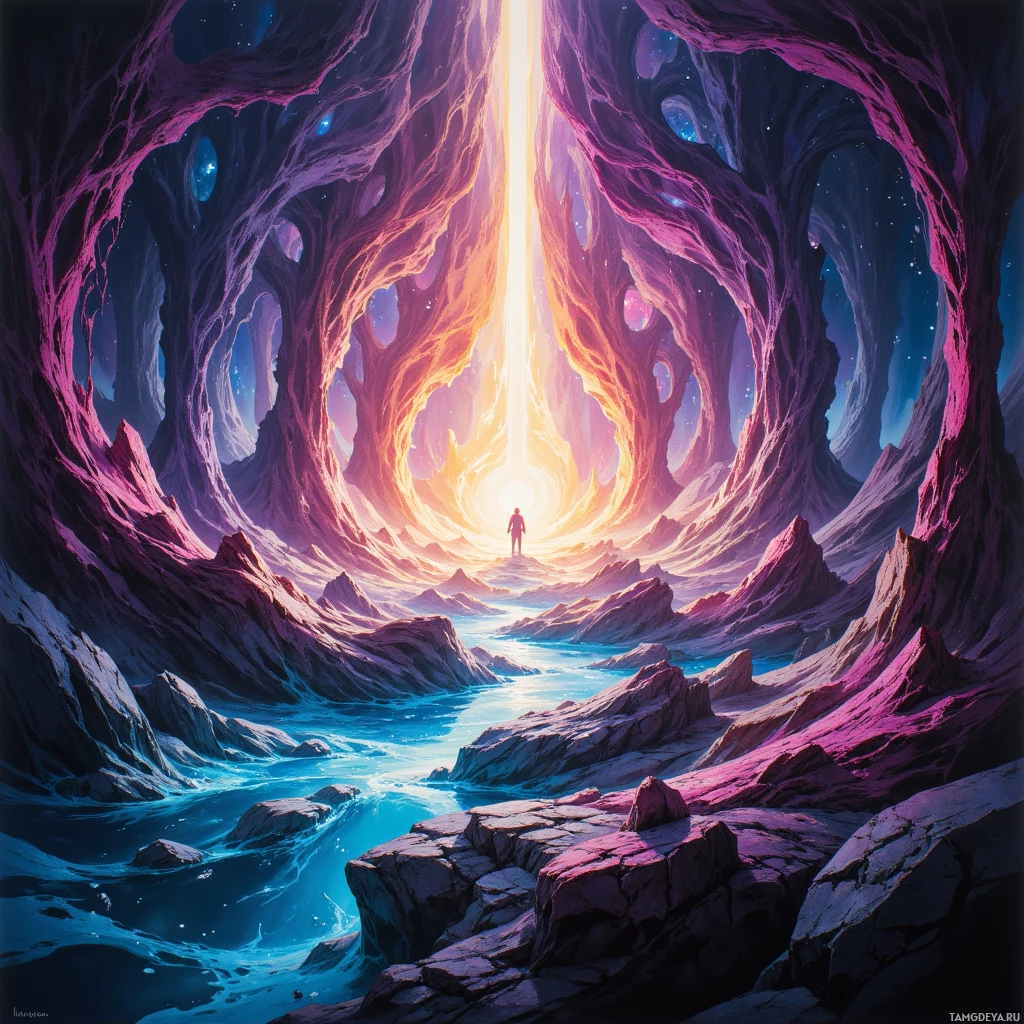 A fantastical cave with glowing light at the end and a lone figure standing on a rocky outcrop.