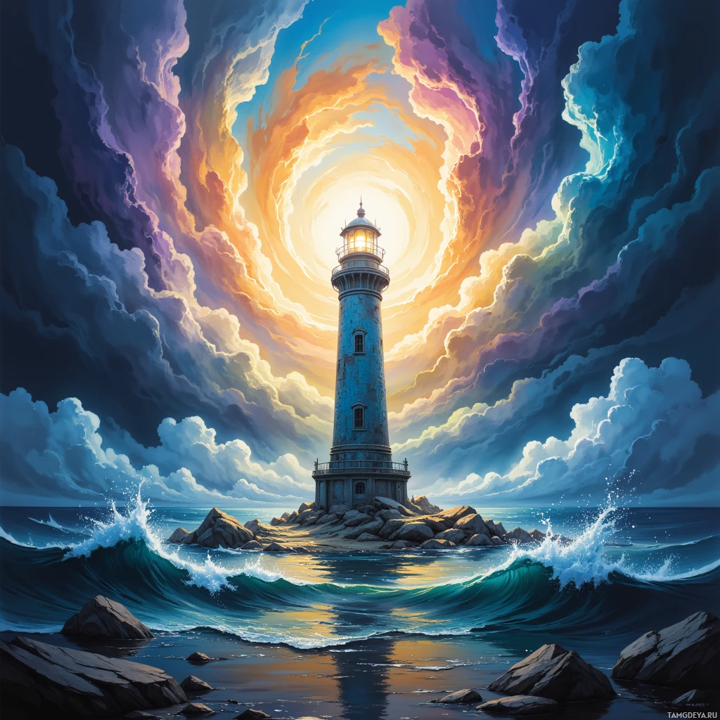 A vibrant lighthouse stands on rocky shores under a dramatic sky with swirling clouds.