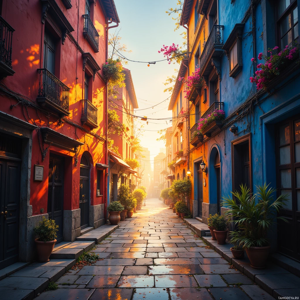 A picturesque street lined with colorful buildings and potted plants bathed in warm sunlight.