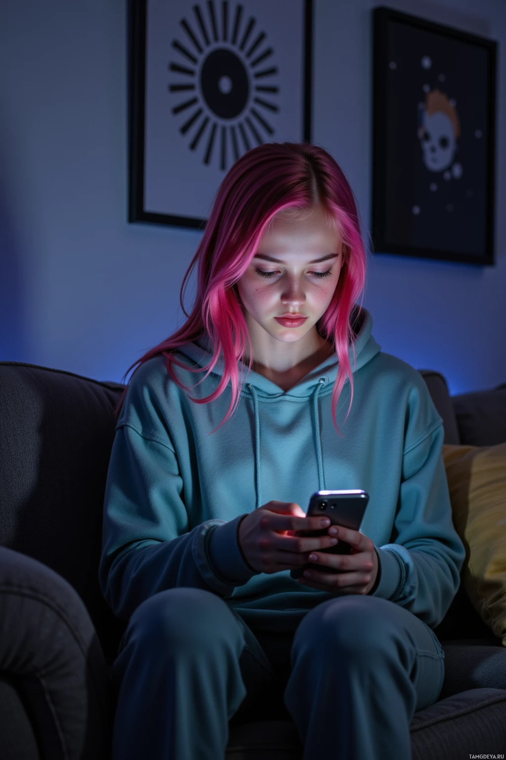 A person with pink hair sits on a couch, looking at a phone in a dimly lit room.