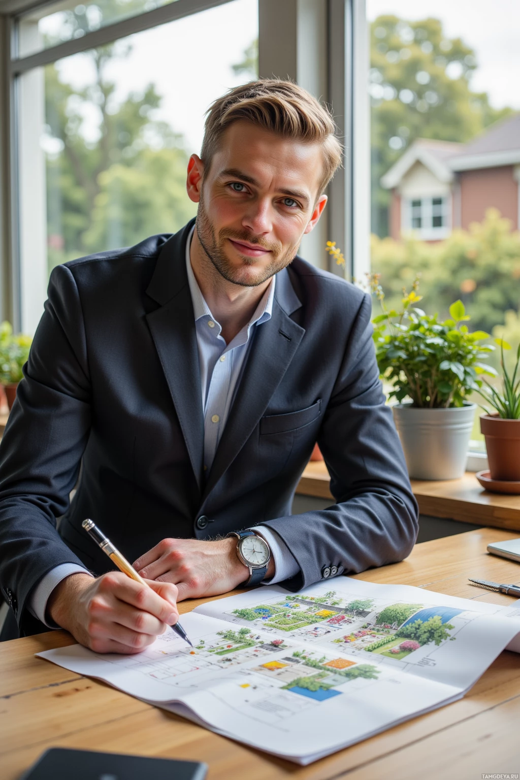 A man in a suit is sitting at a desk, working on a landscape design plan.