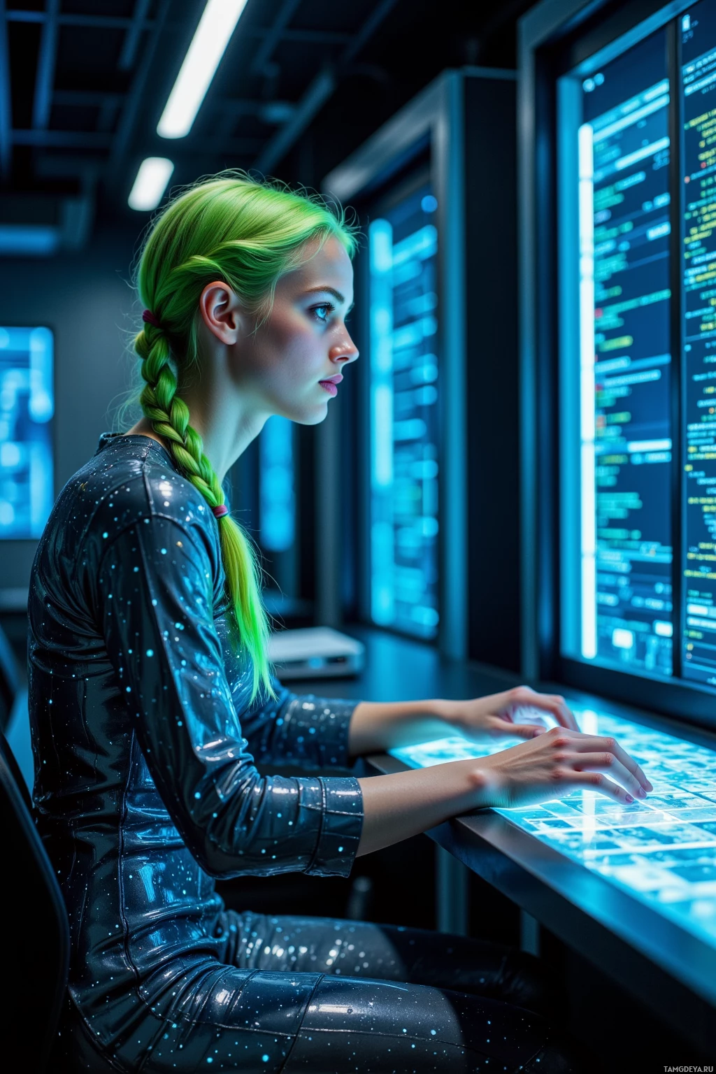 A person with green hair braided in a braid is seated at a desk, working on a futuristic computer interface.