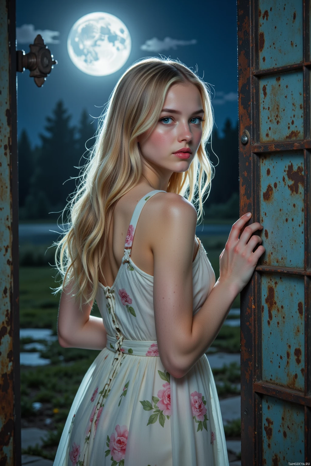 A woman in a floral dress stands by a rusted door under a full moon.