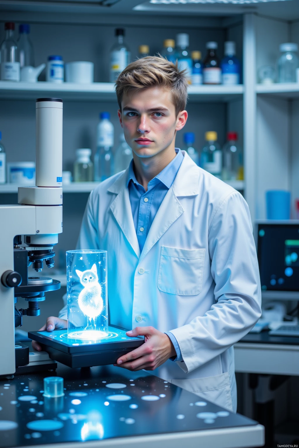 A scientist in a lab coat holds a glowing holographic cat in a cylindrical container.