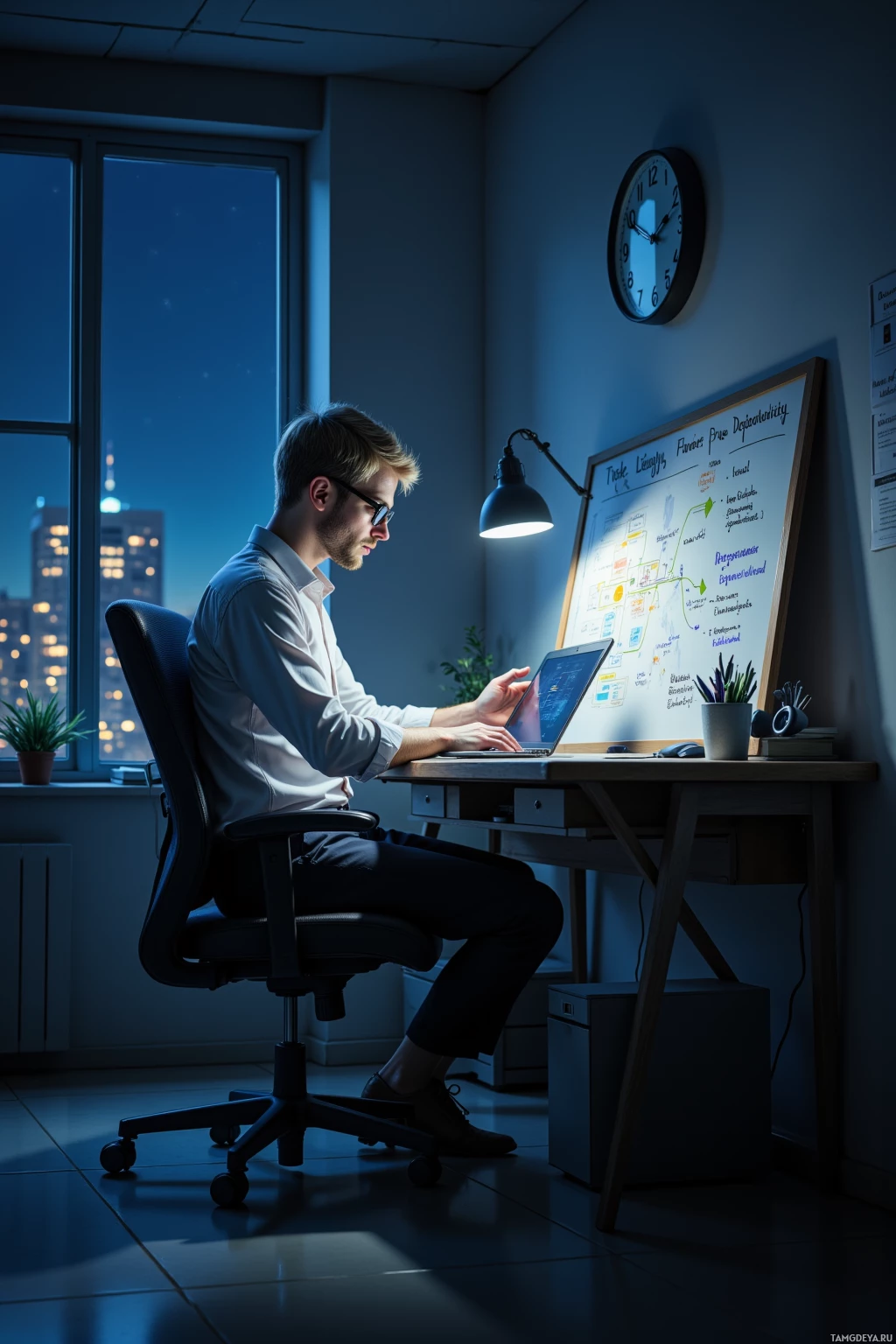 A man works at a desk in a dimly lit office, illuminated by a desk lamp, with a whiteboard and clock on the wall.