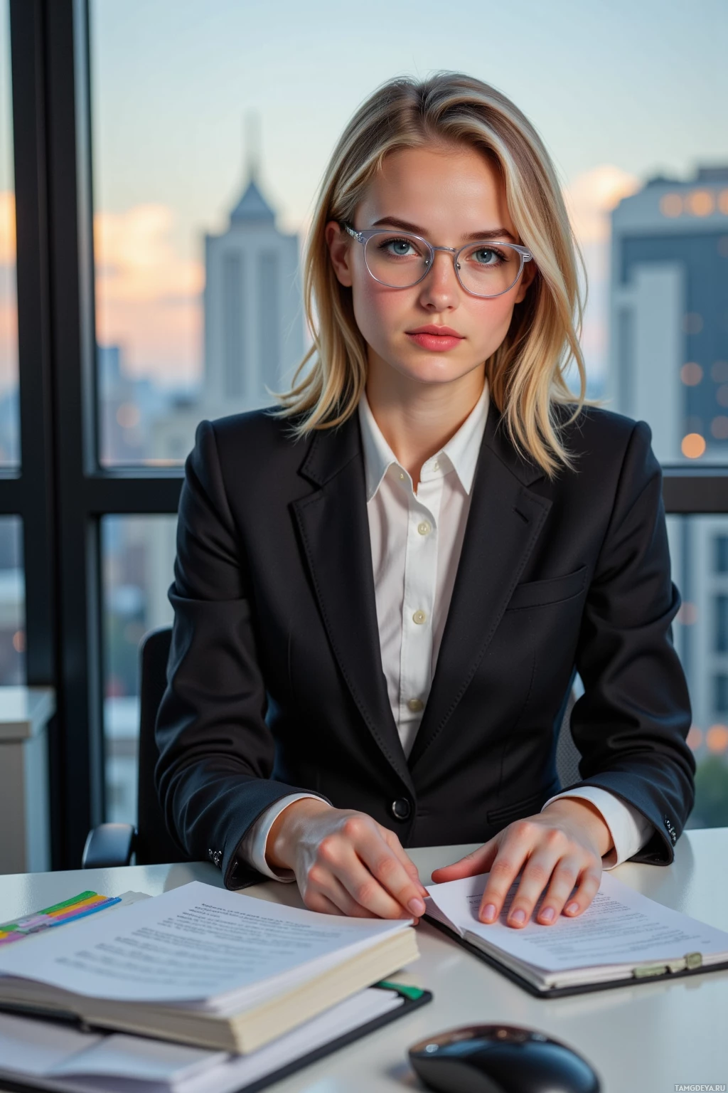 A woman in a professional suit sits at a desk with documents and a computer mouse, against a cityscape backdrop.