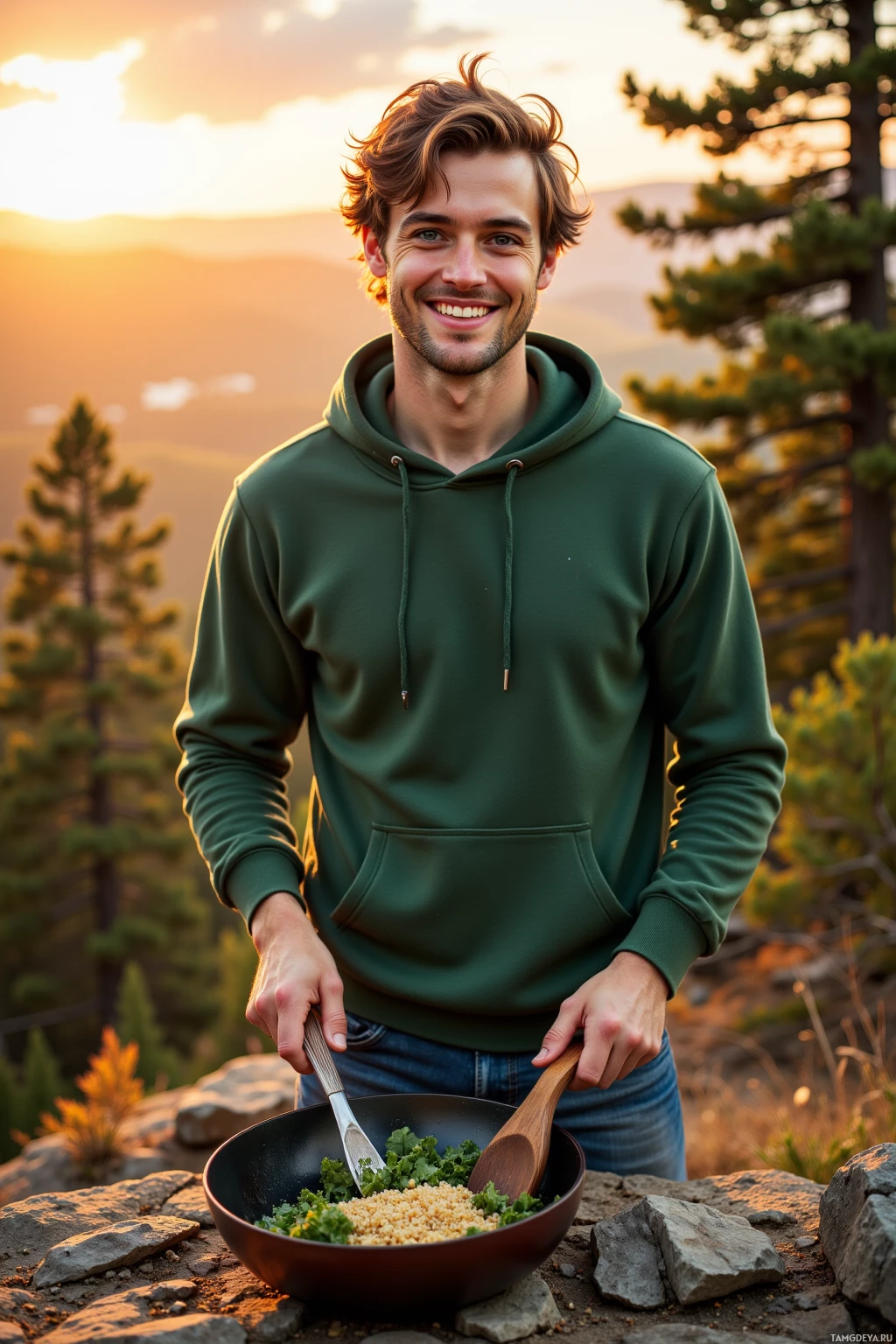A man in a green hoodie stands outdoors near a bowl of salad, smiling at the camera.