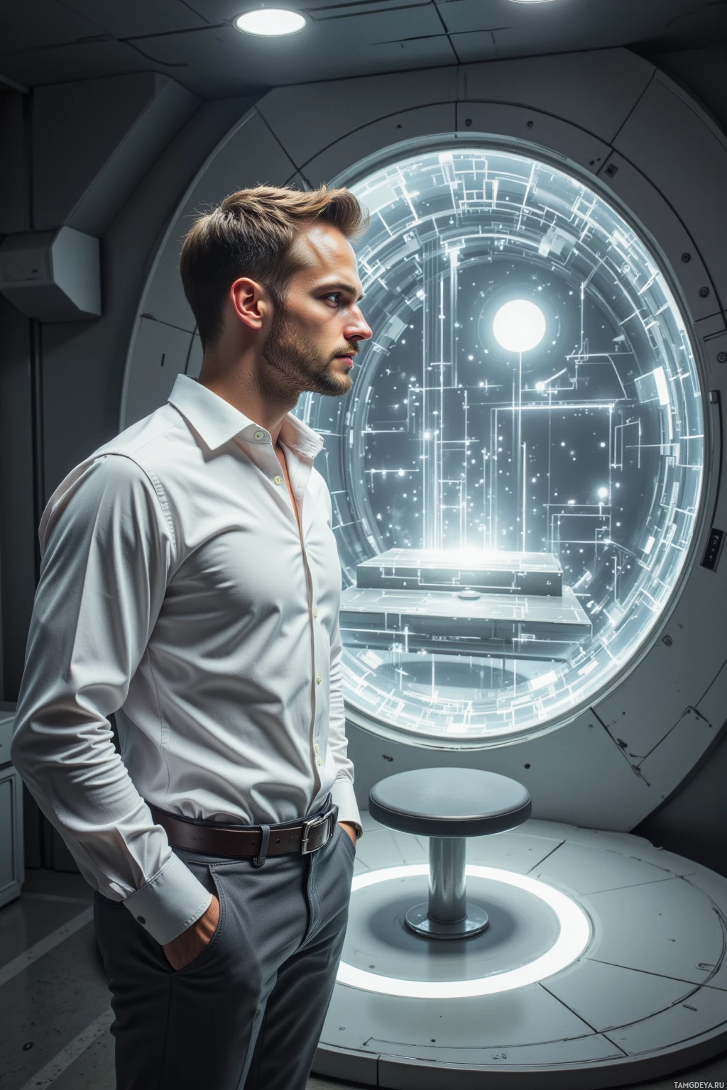 A man in a white shirt stands in a futuristic, circular room with a glowing, intricate design.