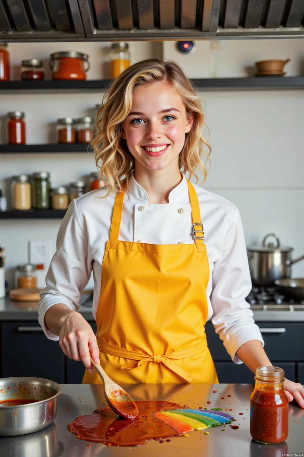 A person in a kitchen wearing a white chef's coat and yellow apron, holding a wooden spoon over a spilled sauce.