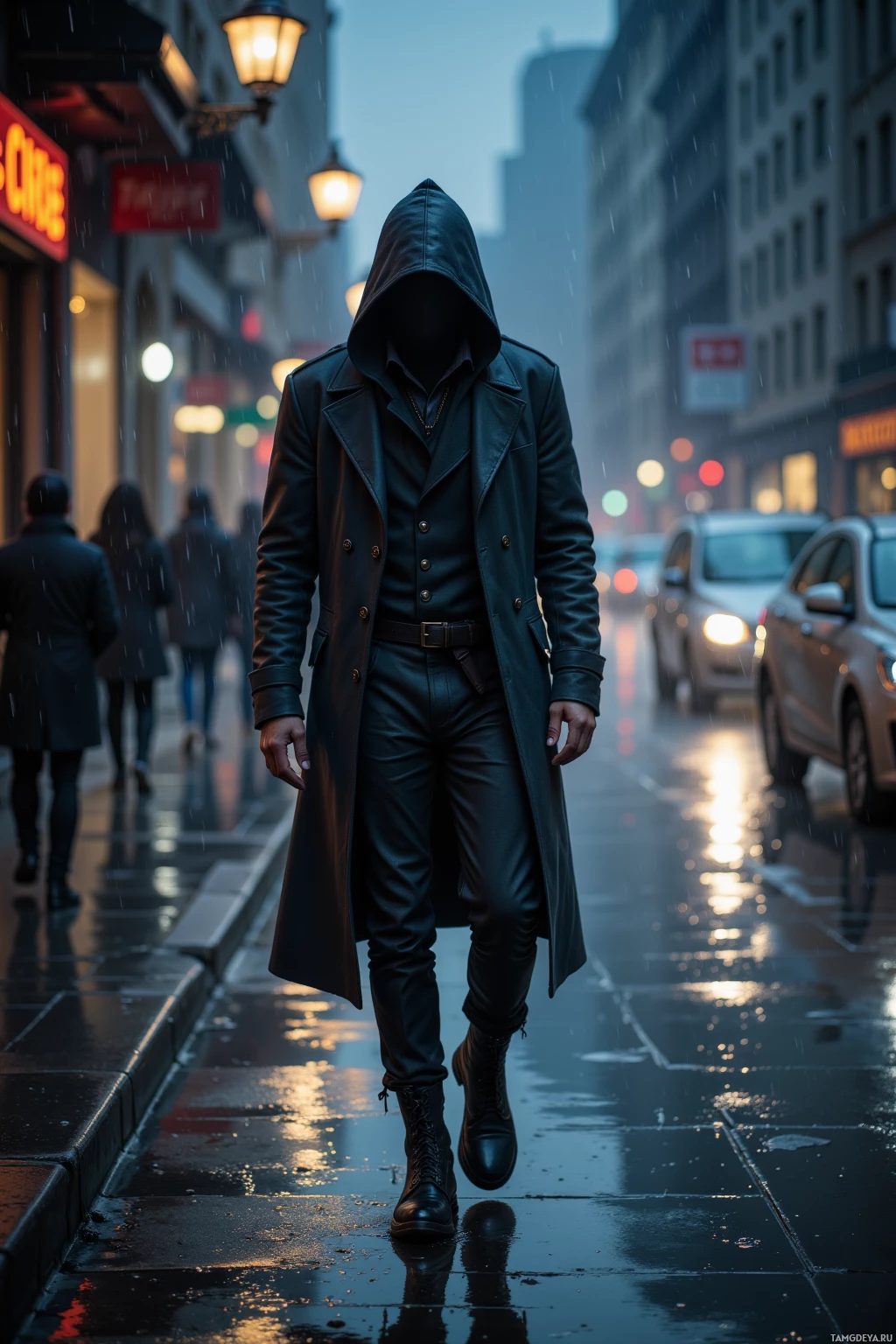 A hooded figure in a long leather coat walks down a rainy city street.
