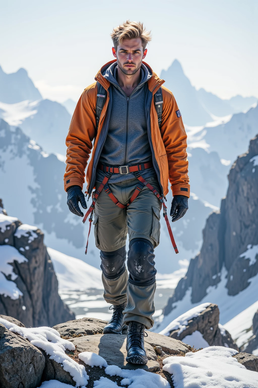 A person in outdoor gear stands on a snowy mountain peak.
