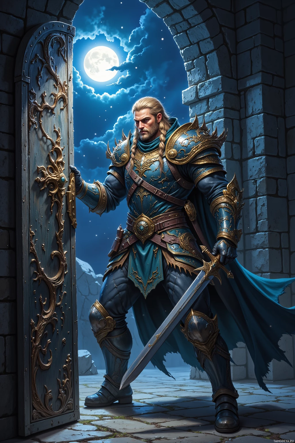 A knight in ornate armor stands in a moonlit doorway, holding a sword.