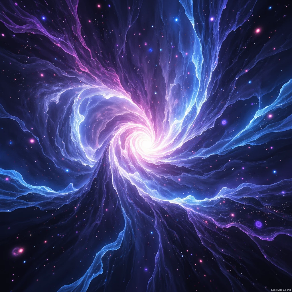 A vibrant cosmic swirl with swirling blue and purple hues against a starry background.