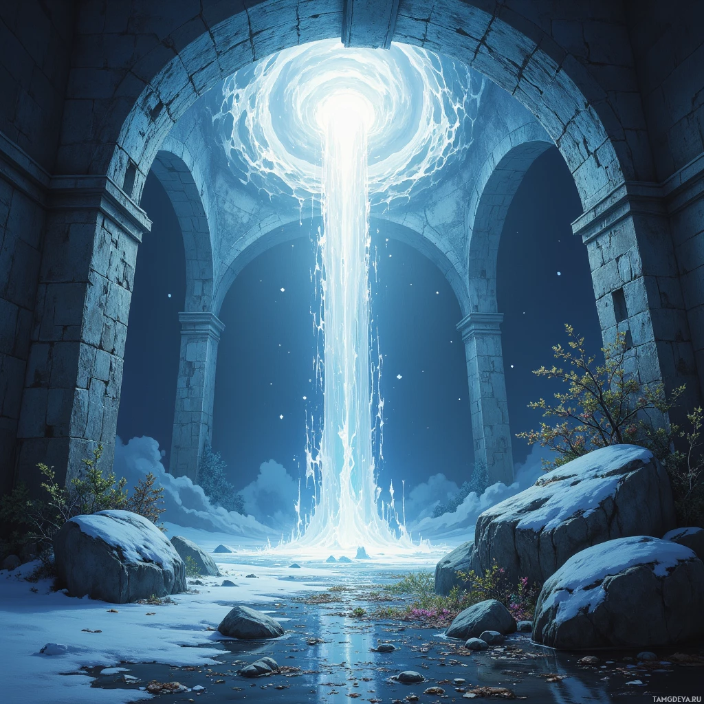 A serene scene of a glowing light pouring through an ancient stone archway into a tranquil, snowy landscape.