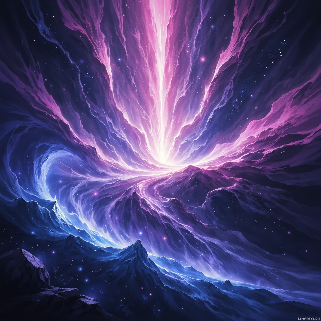 A vibrant cosmic scene with a glowing pink and purple nebula radiating light, set against a dark starry sky.