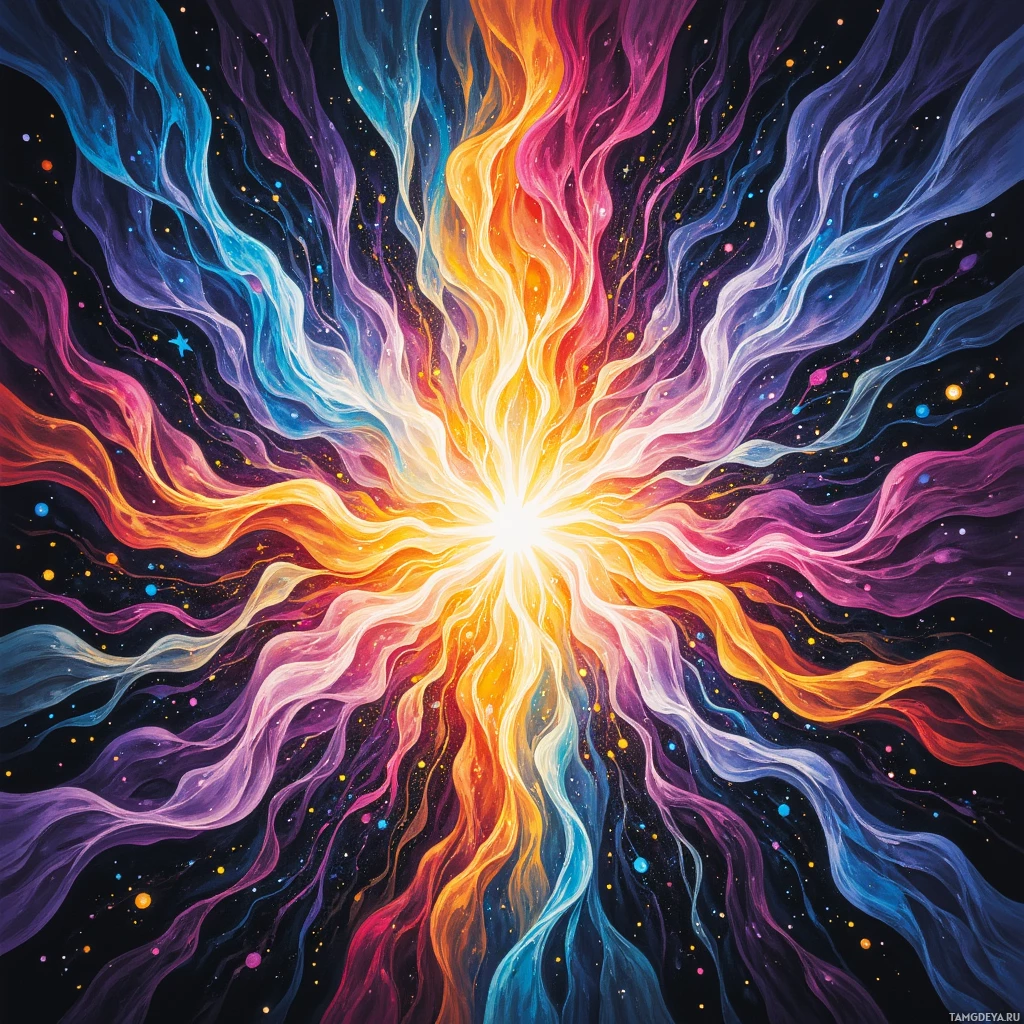 A vibrant cosmic explosion with swirling colors and star-like particles against a dark background.