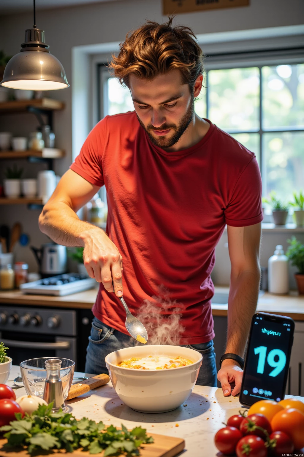 A man in a red shirt is cooking in a kitchen, stirring a bowl of food.