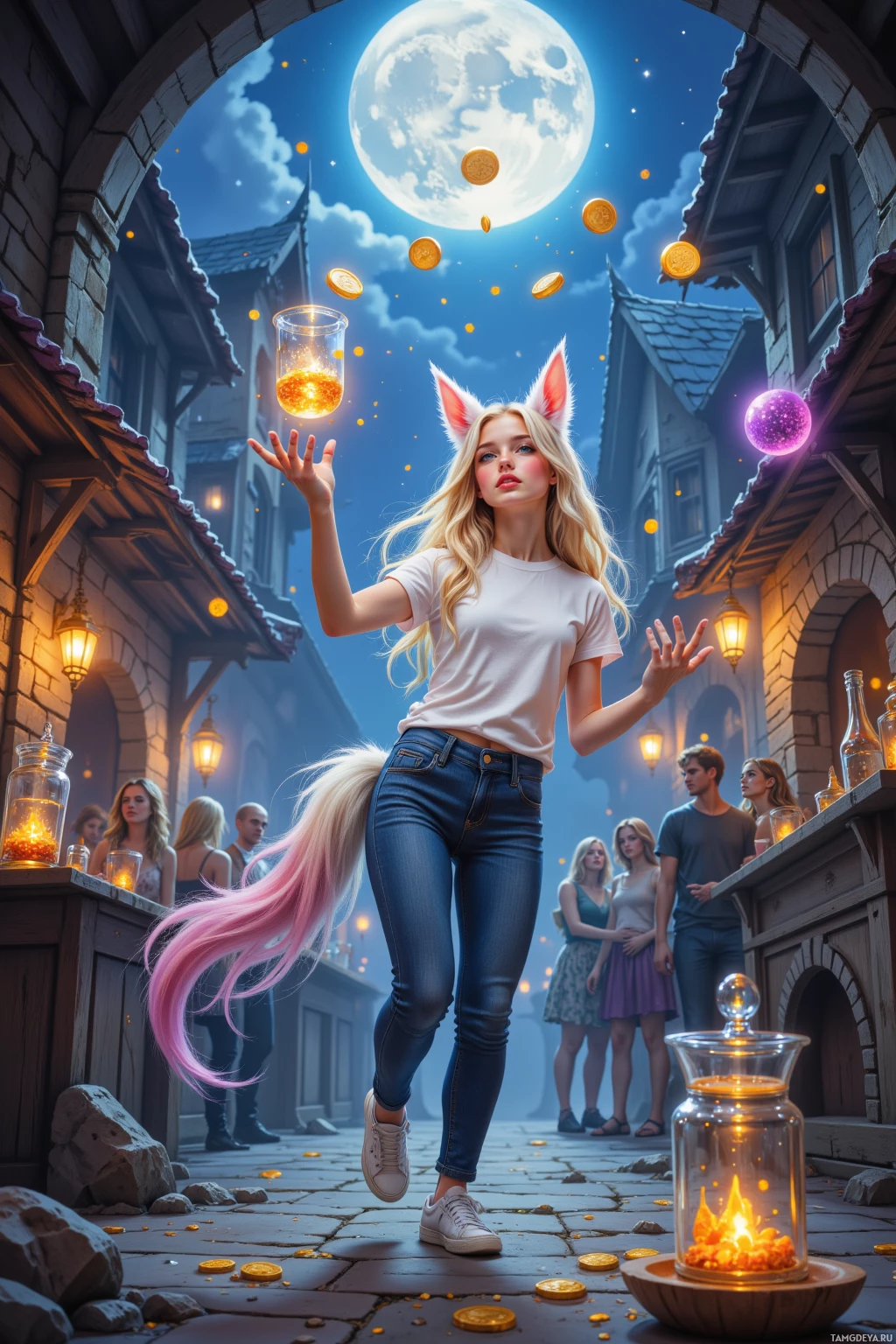 A young woman with cat ears and a pink tail stands in a medieval town square under a full moon, surrounded by glowing coins and lanterns.