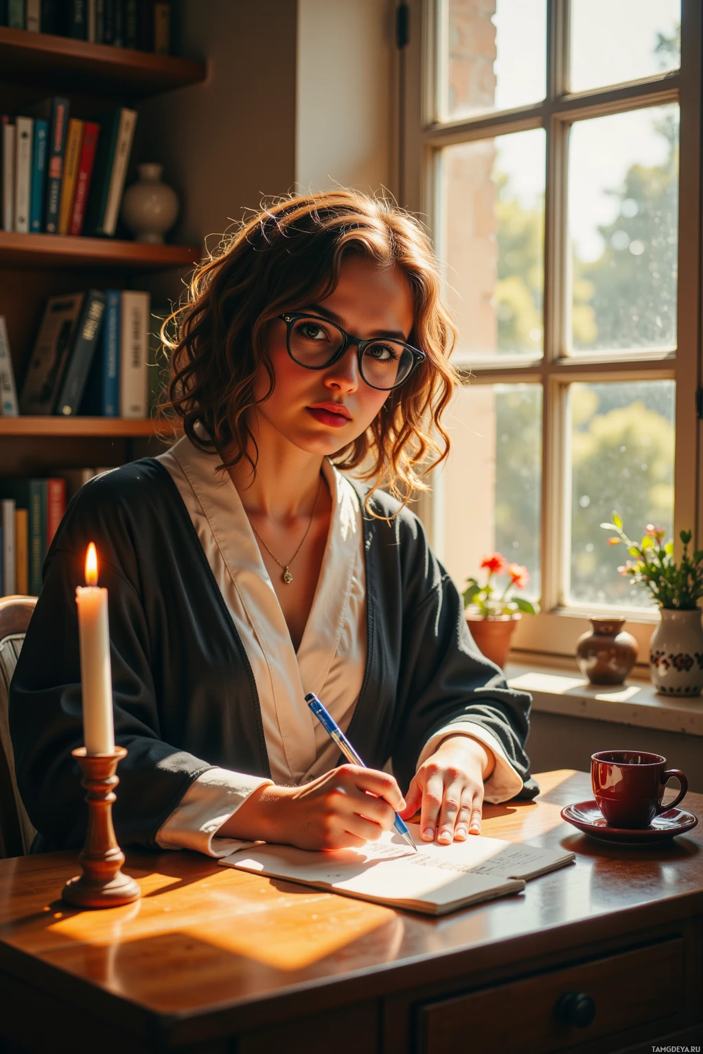A woman sits at a desk by a window, writing in a notebook with a pen.