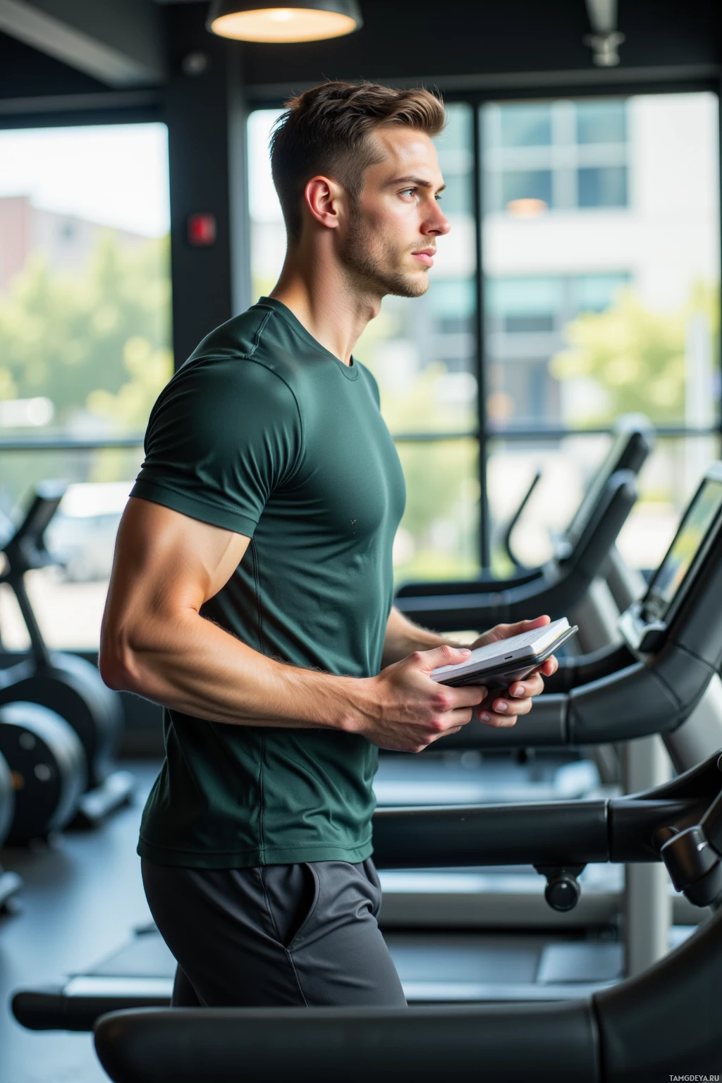 A man in a gym wearing a green shirt and holding a tablet.