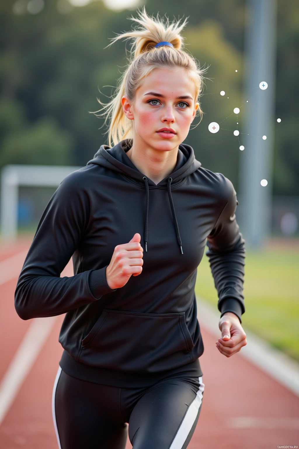 A woman in a black hoodie and leggings runs on a track.